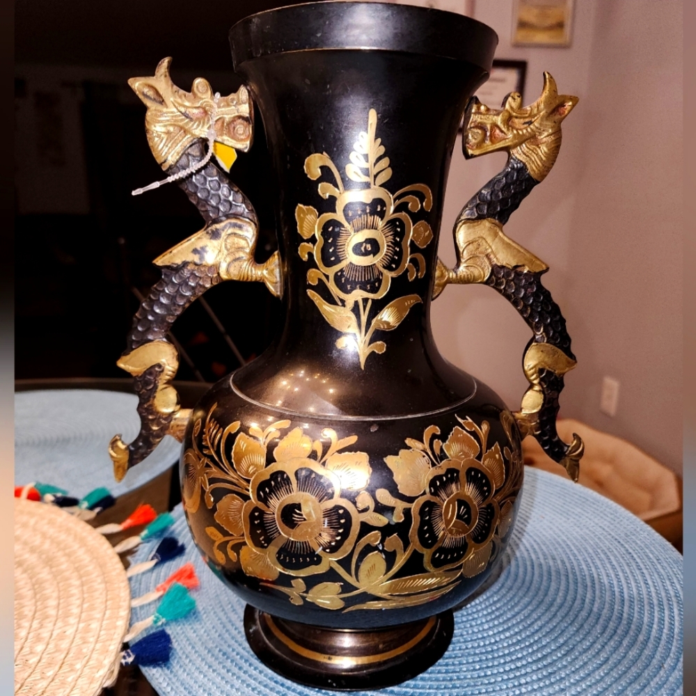 Vintage Solid Brass Asian Intricate Etched Urn Vase Foo Dragon Handles 12"